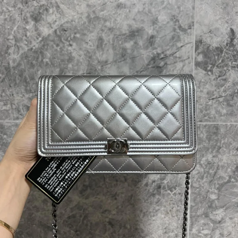 Chanel bags with exclusive seasonal designs and materialsBoy Wallet On Chain WOC Patent Leather Silver