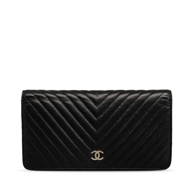 Chanel bags with exclusive seasonal designs and materialsChanel Chevron Cocomark V titch Long Wallet Black Silver   CHANEL