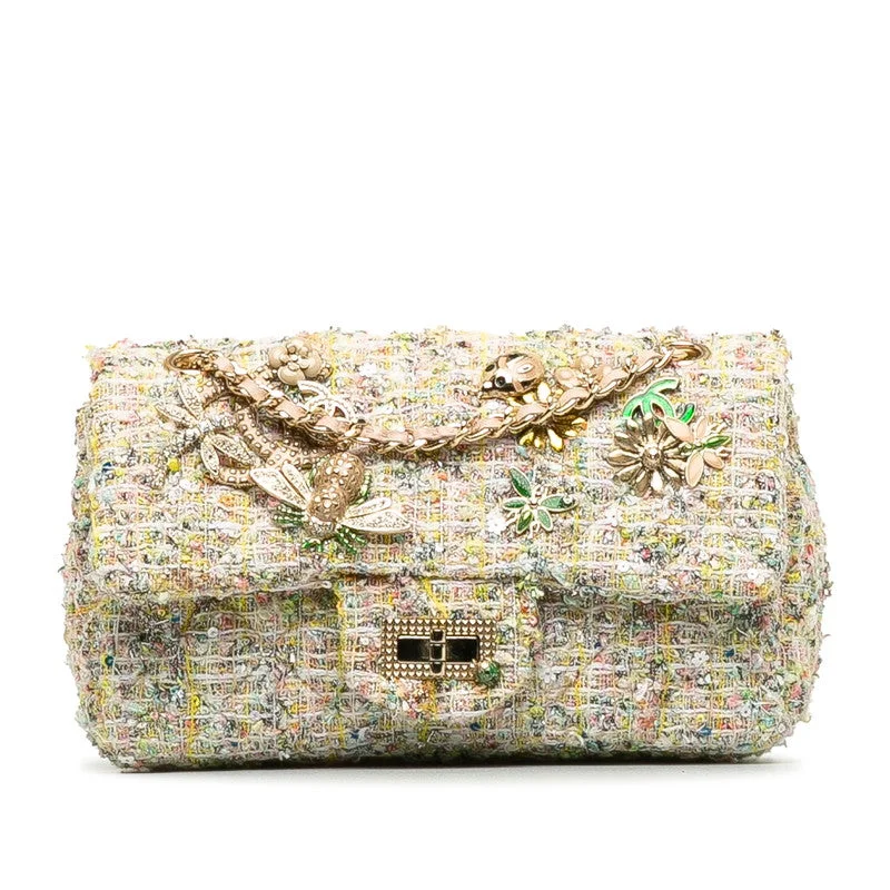 Chanel bags with exclusive seasonal designs and materialsCHANEL 2.55 Flap Chain Shoulder Bag in Tweed Multicolor Insects Pattern