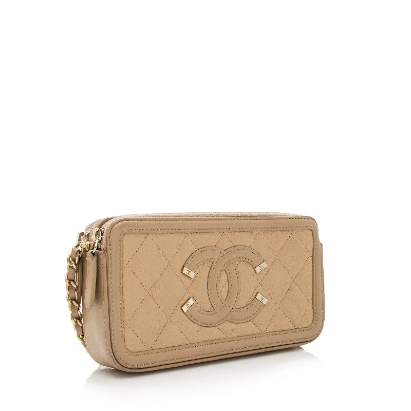 Chanel bags with exclusive seasonal designs and materialsChanel Grained Calfskin CC Filigree Clutch with Chain (22656)