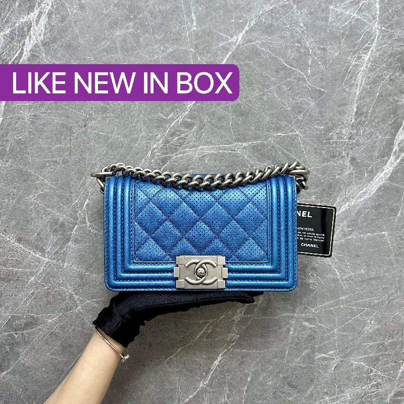 Chanel bags with exclusive seasonal designs and materialsSmall Boy Calfskin Metallic Blue SHW No 20