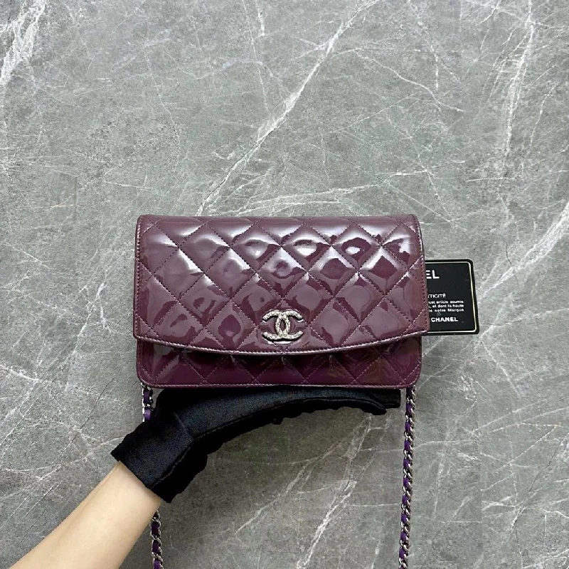 Chanel bags with exclusive seasonal designs and materialsWallet On Chain WOC Violet Patent Leather No 15