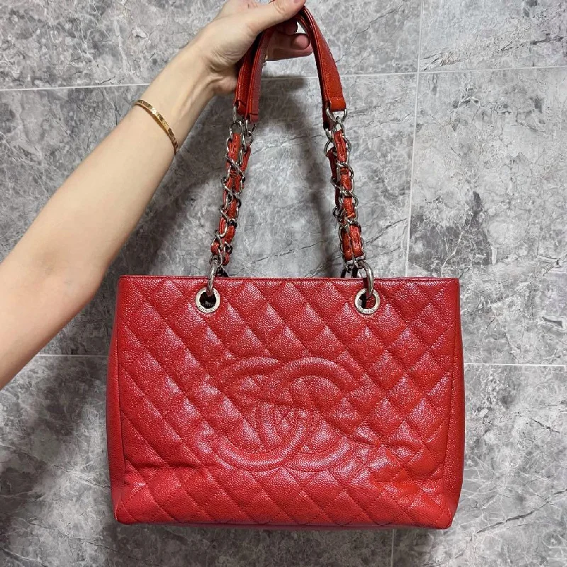 Chanel bags with exclusive seasonal designs and materials[Entrupy certified]Authentic Grand Shopping Tote GST with Silver hardware (Red Caviar)