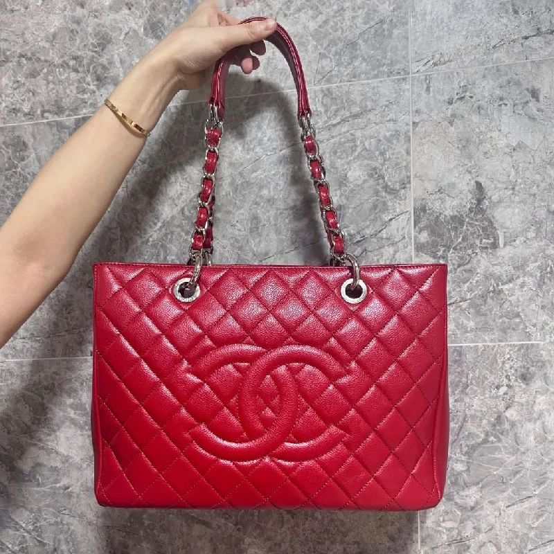 Chanel bags with exclusive seasonal designs and materials[Entrupy Certified]Authentic Red Grand Shopping Tote GST with Silver Hardware Caviar