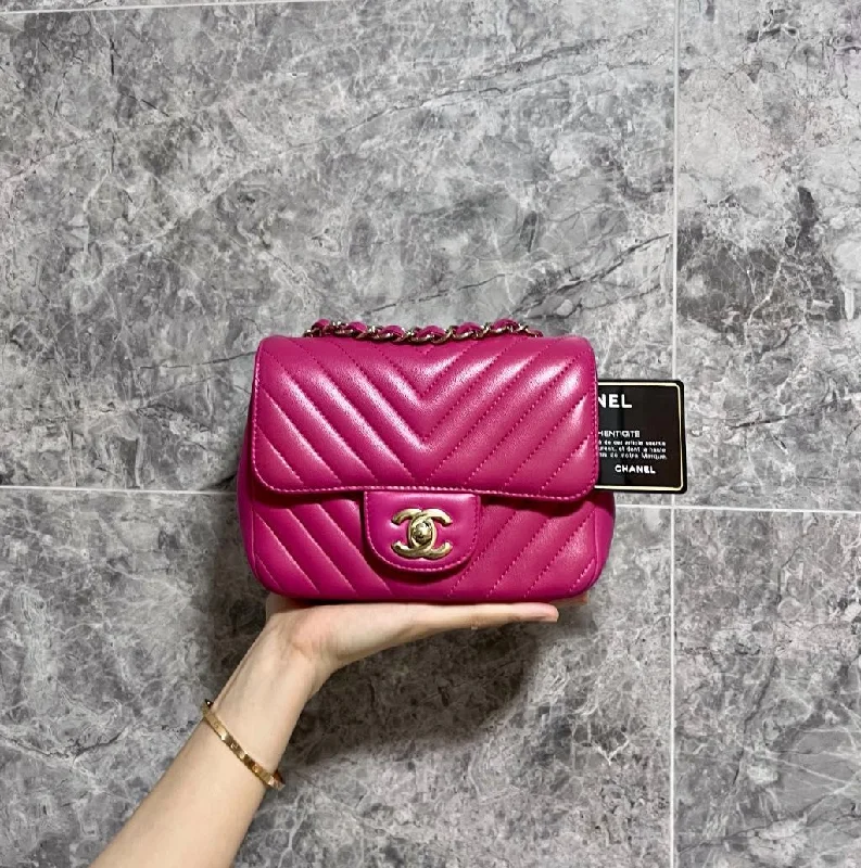 Chanel bags with exclusive seasonal designs and materialsLNIB Mini Square Classic Flap Lambskin Chevron Hot Pink GHW No 24